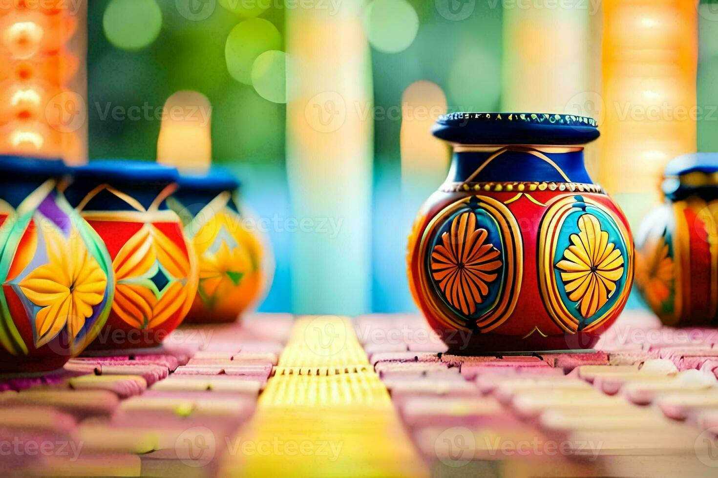colorful vases on a table with candles. AI-Generated photo
