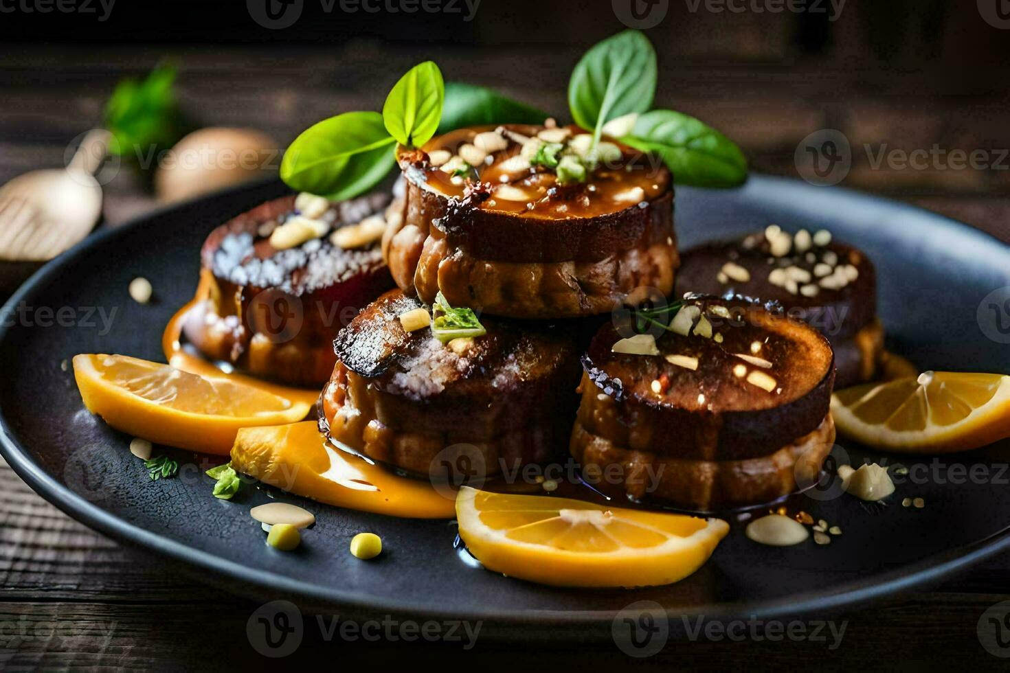 a plate of food with meat and oranges. AI-Generated photo
