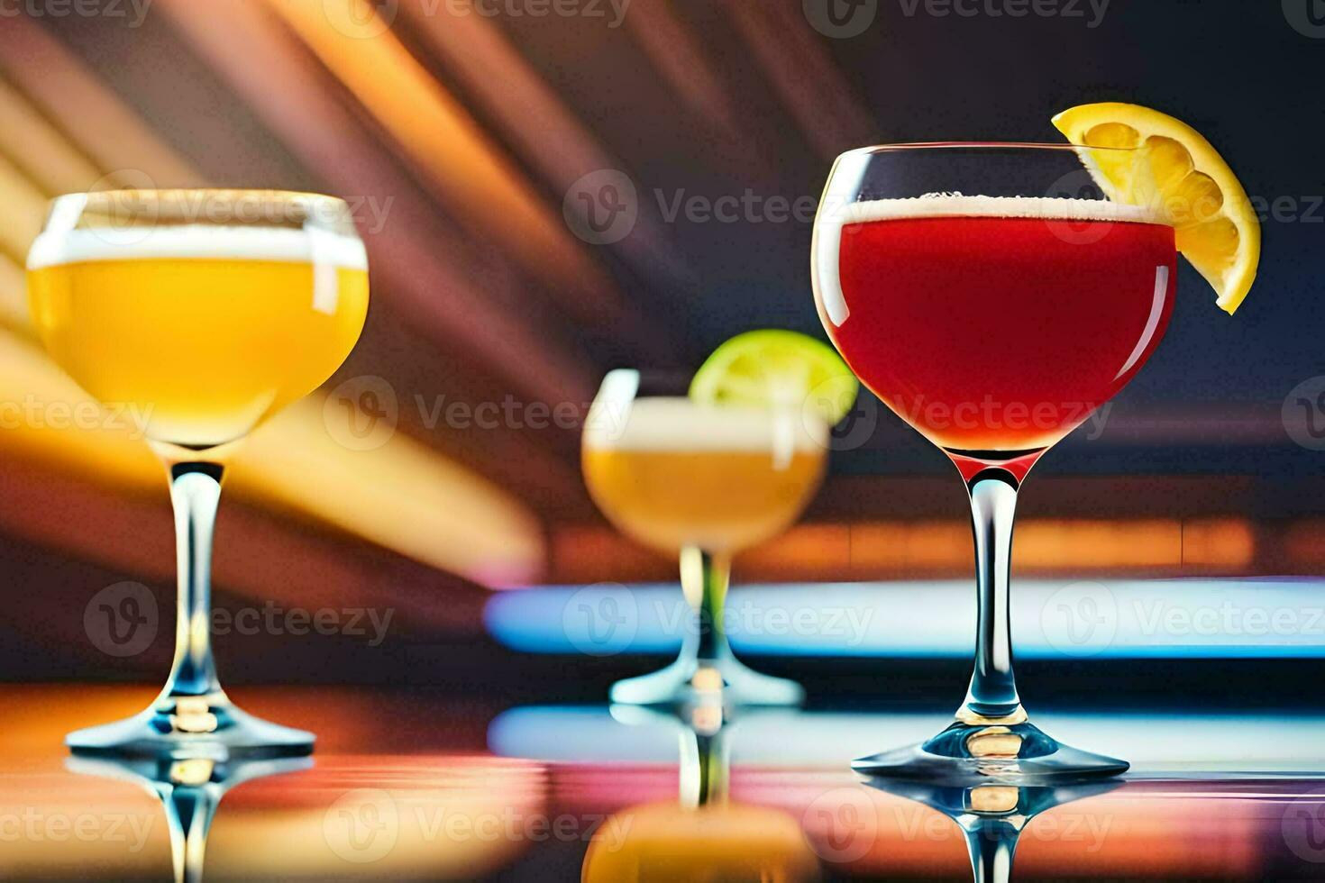 three glasses of different colored drinks on a bar. AI-Generated photo