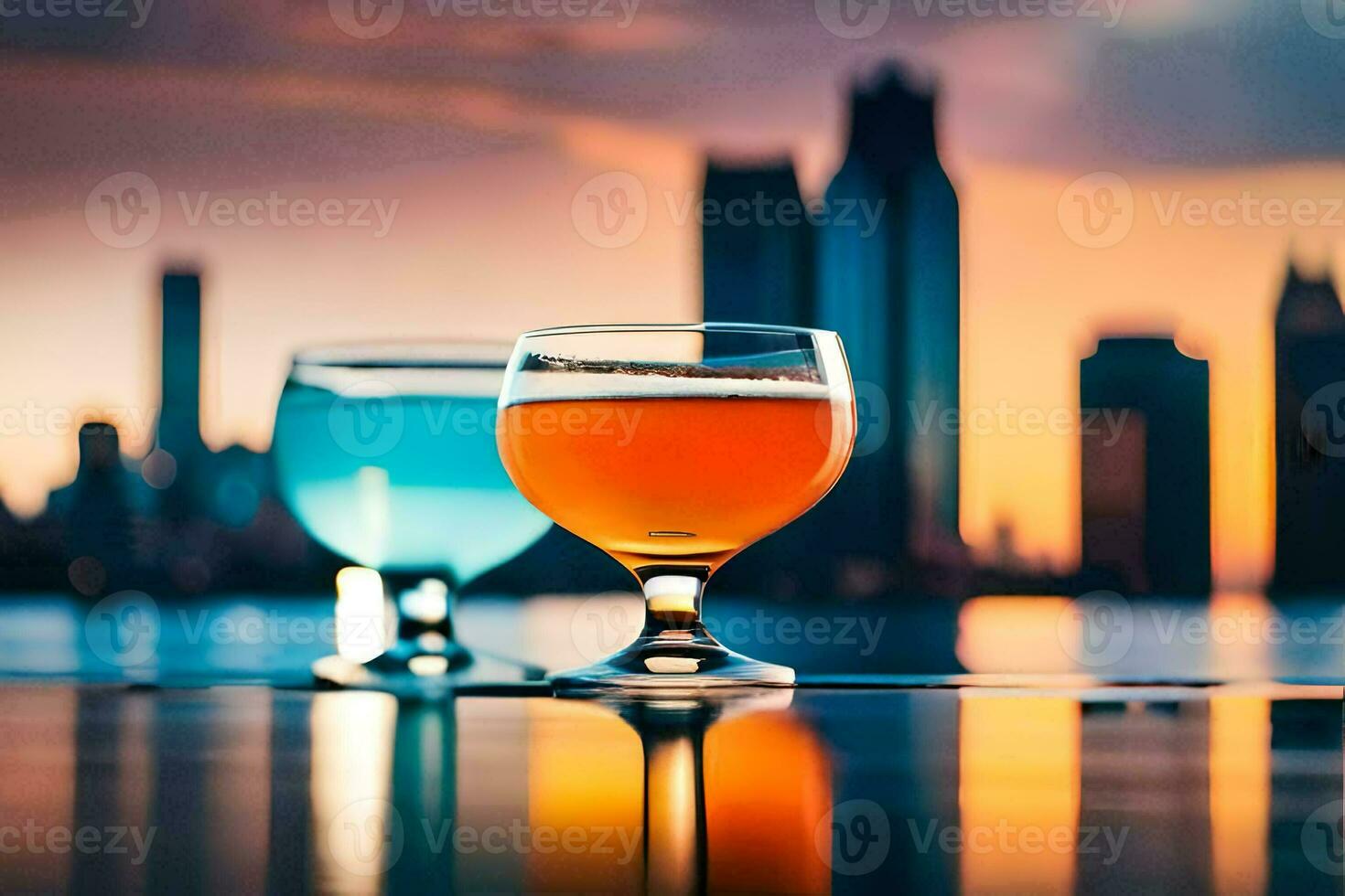 two glasses of beer on a table in front of a city skyline. AI-Generated photo