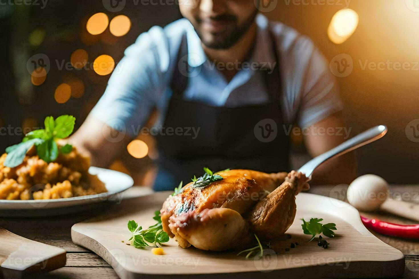 a man is preparing food on a wooden table. AI-Generated photo