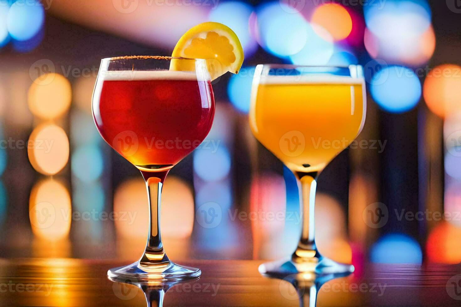 two glasses of alcohol with a lemon slice. AI-Generated photo