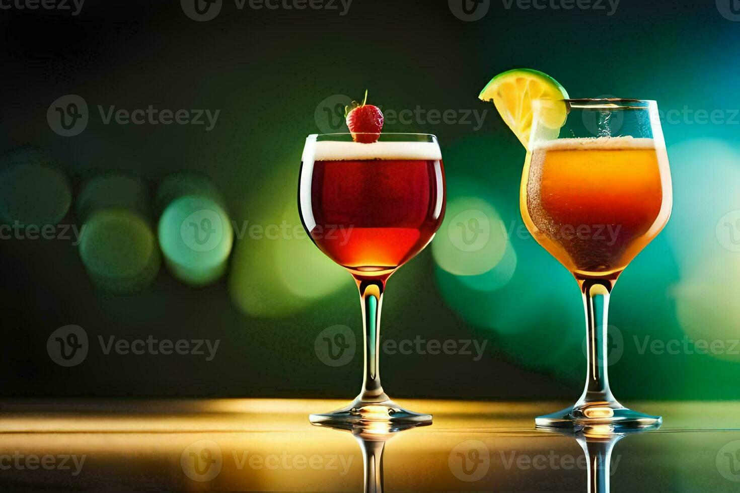 two glasses of alcoholic drinks with a slice of fruit. AI-Generated photo