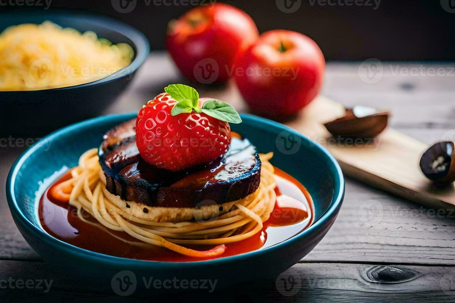 a plate of spaghetti with meat and strawberries. AI-Generated photo