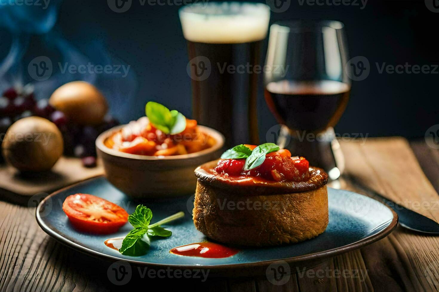 food and drink on a wooden table. AI-Generated photo