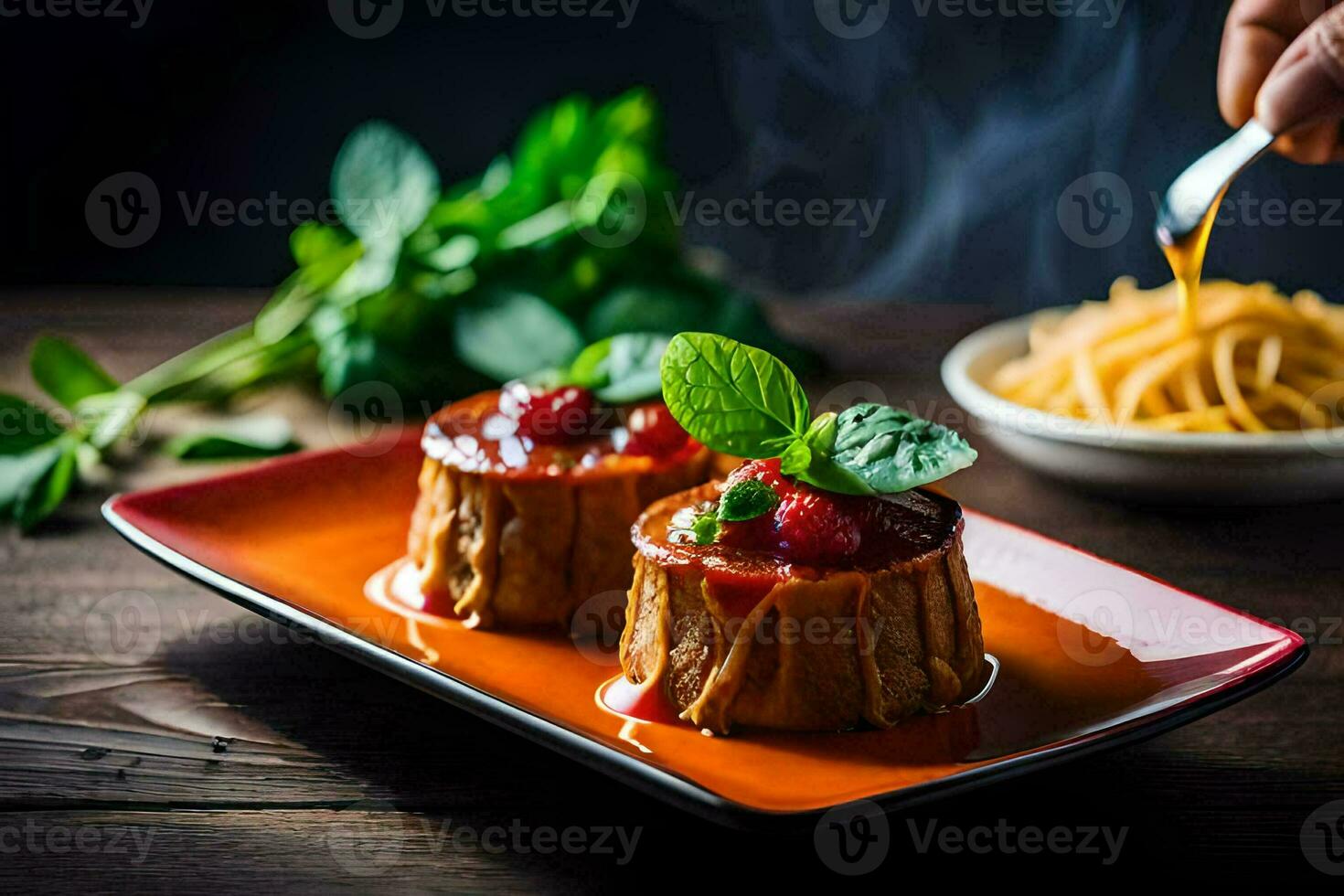 a person is pouring sauce over two desserts. AI-Generated photo