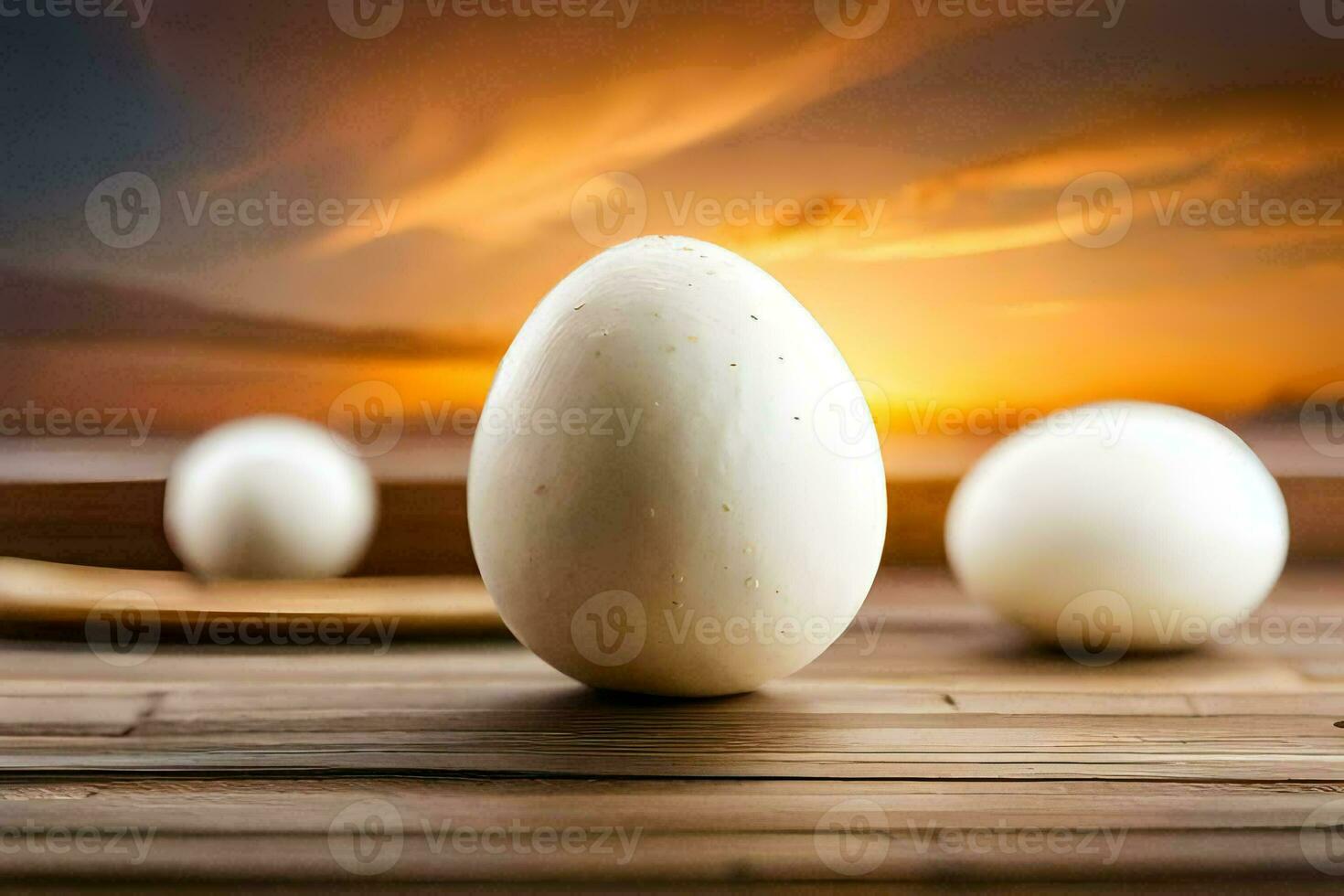 three eggs on a wooden table with a sunset in the background. AI-Generated photo