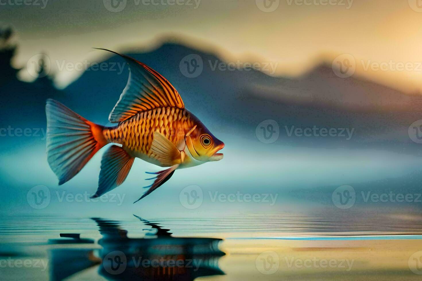 a fish is swimming in the water at sunset. AI-Generated photo