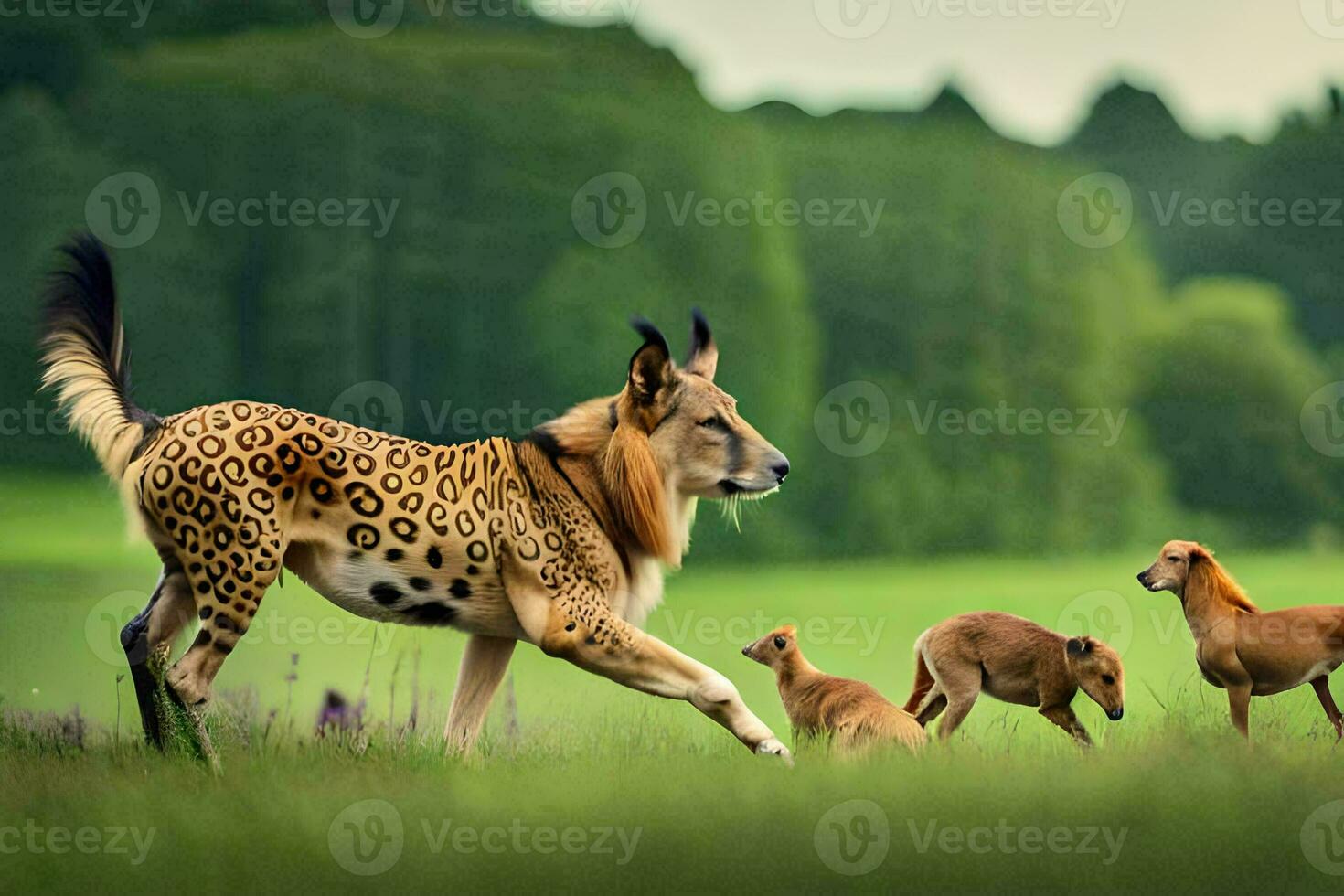 a cheetah and her cubs walking through a field. AI-Generated photo