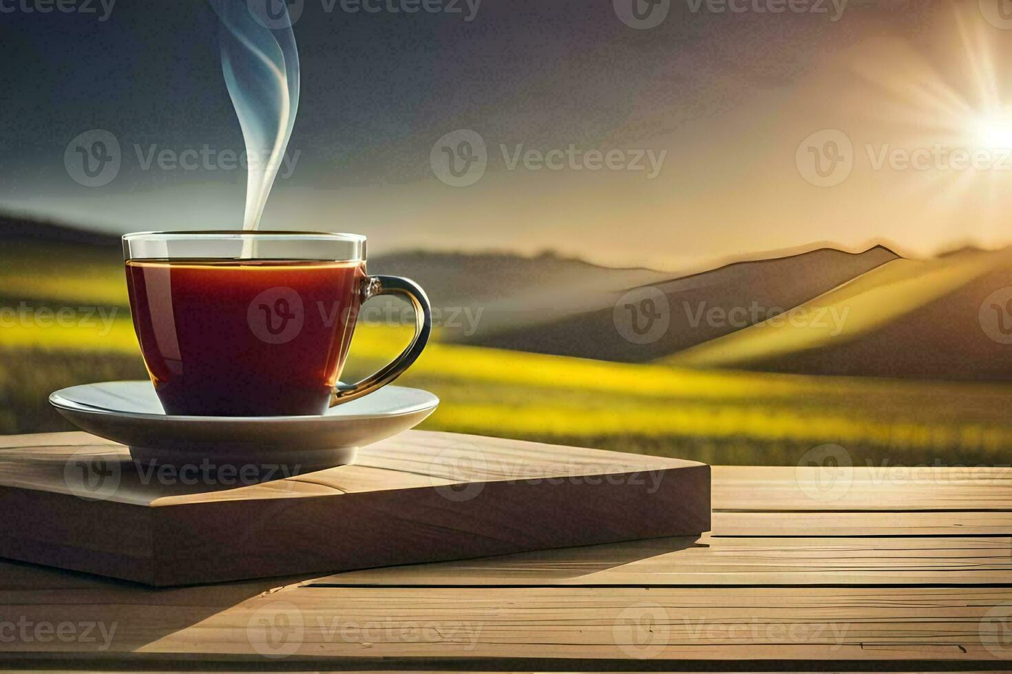 a cup of tea on a wooden table in the sun, nature, landscape, hd wallpaper. AI-Generated photo