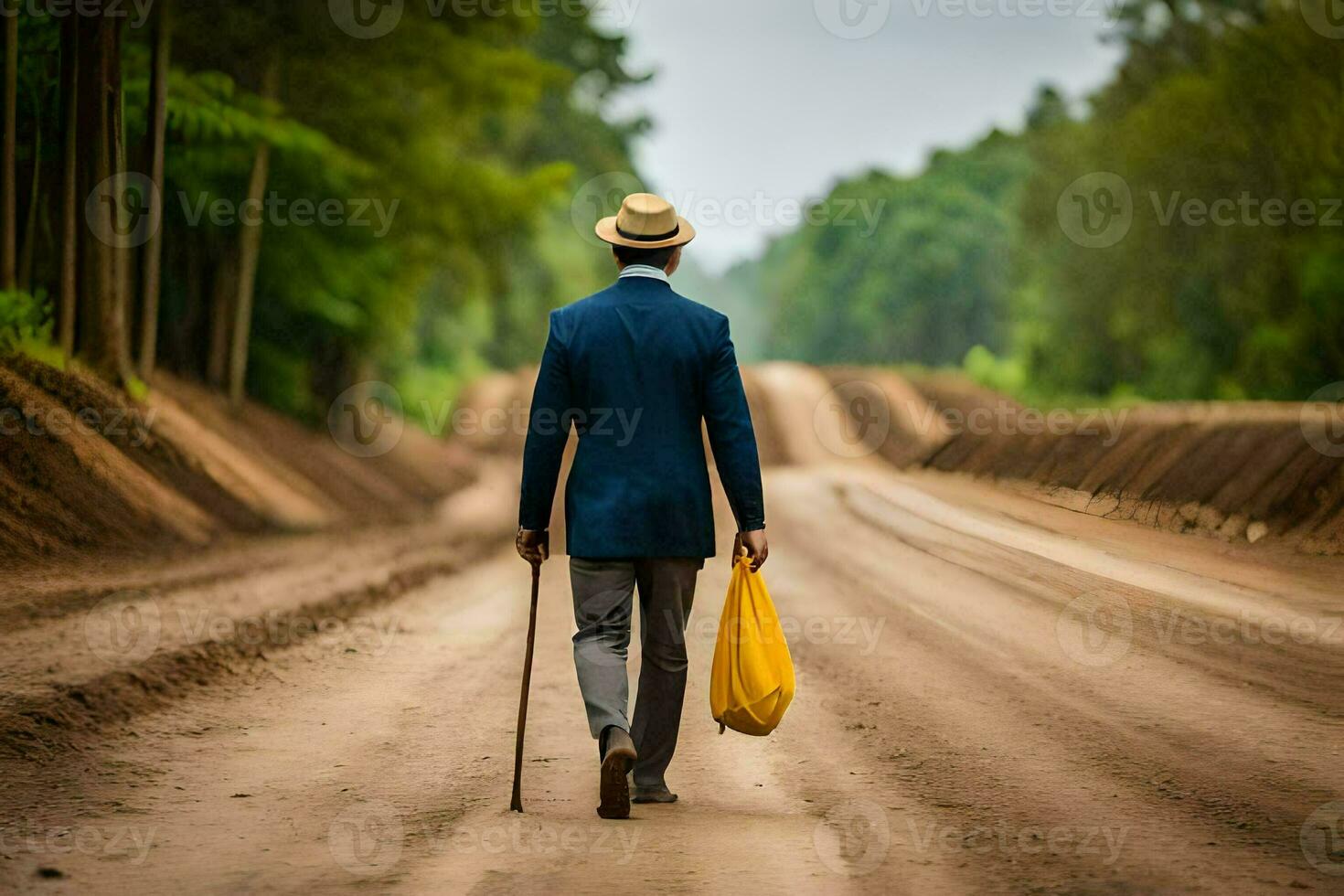 a man in a suit and hat walking down a dirt road. AI-Generated photo