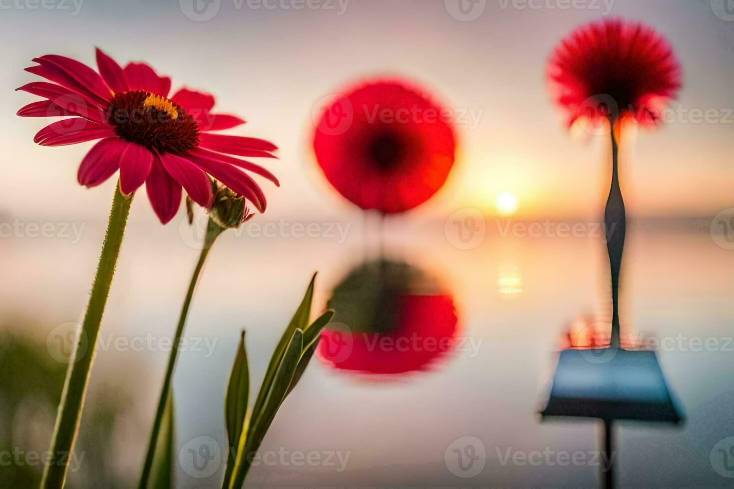 red flowers in the water at sunset. AI-Generated photo