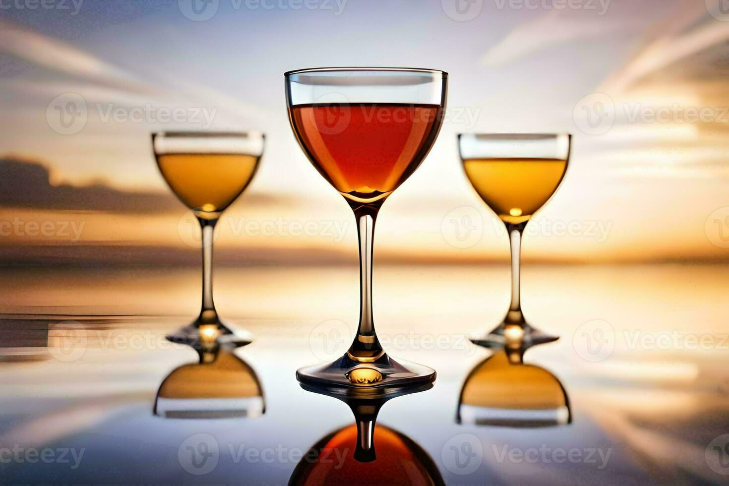 three glasses of wine on a table with a sunset in the background. AI-Generated photo