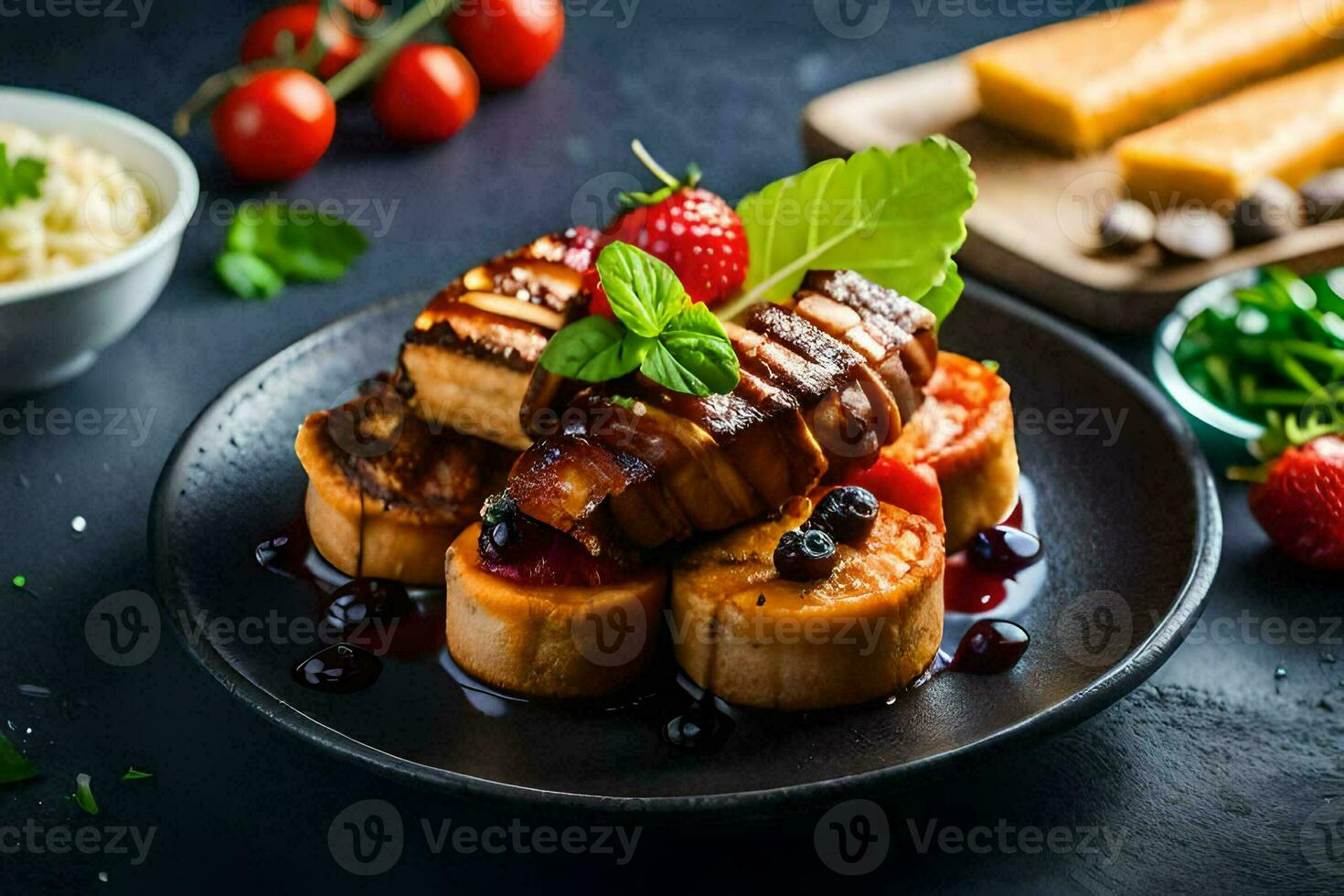 grilled pork chops with bbq sauce and strawberries on a black plate. AI-Generated photo