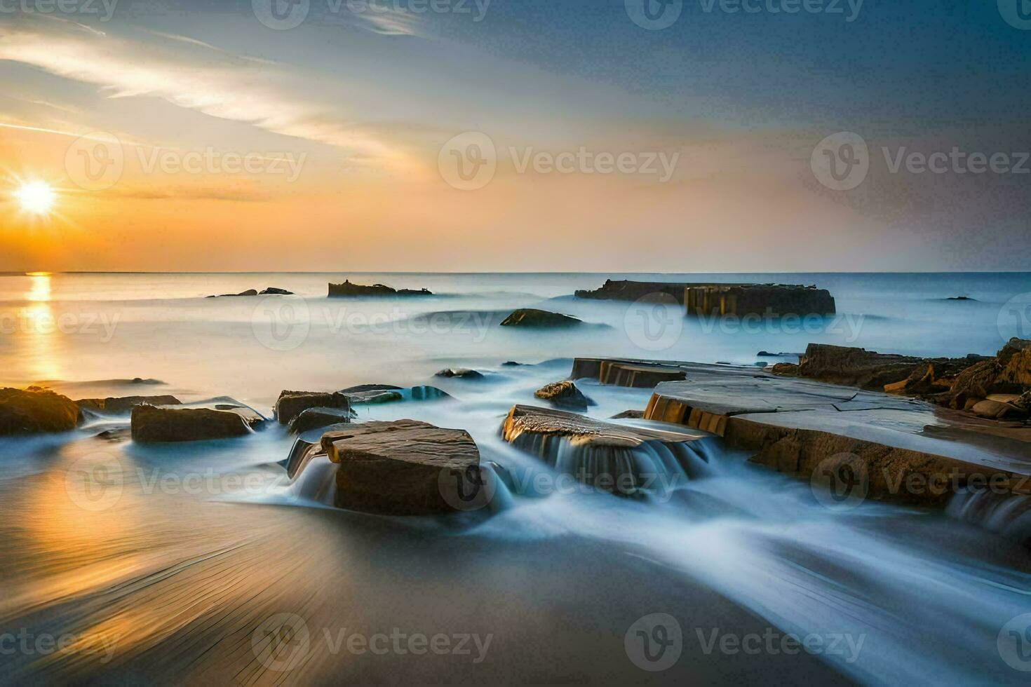 the sun sets over the ocean in this long exposure photograph. AI-Generated photo