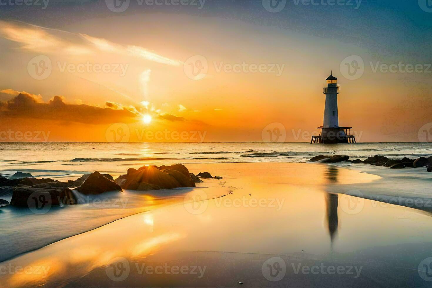 the sun sets over a lighthouse on the beach. AI-Generated photo