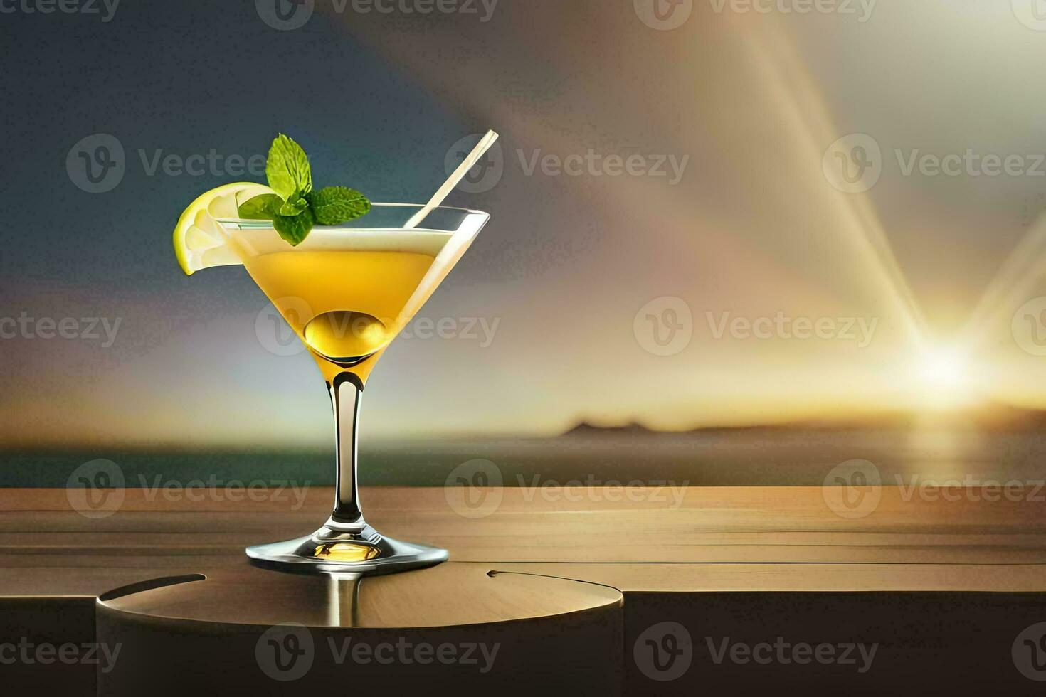 cocktail on the table with sunset in the background. AI-Generated photo