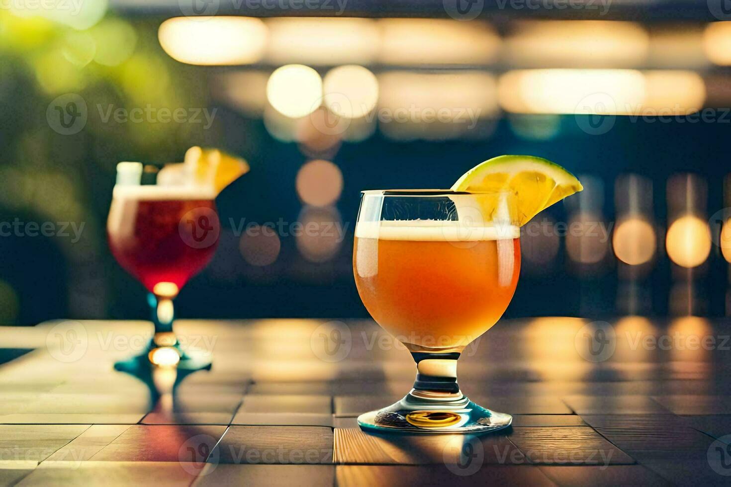two glasses of beer on a table with a lemon slice. AI-Generated photo