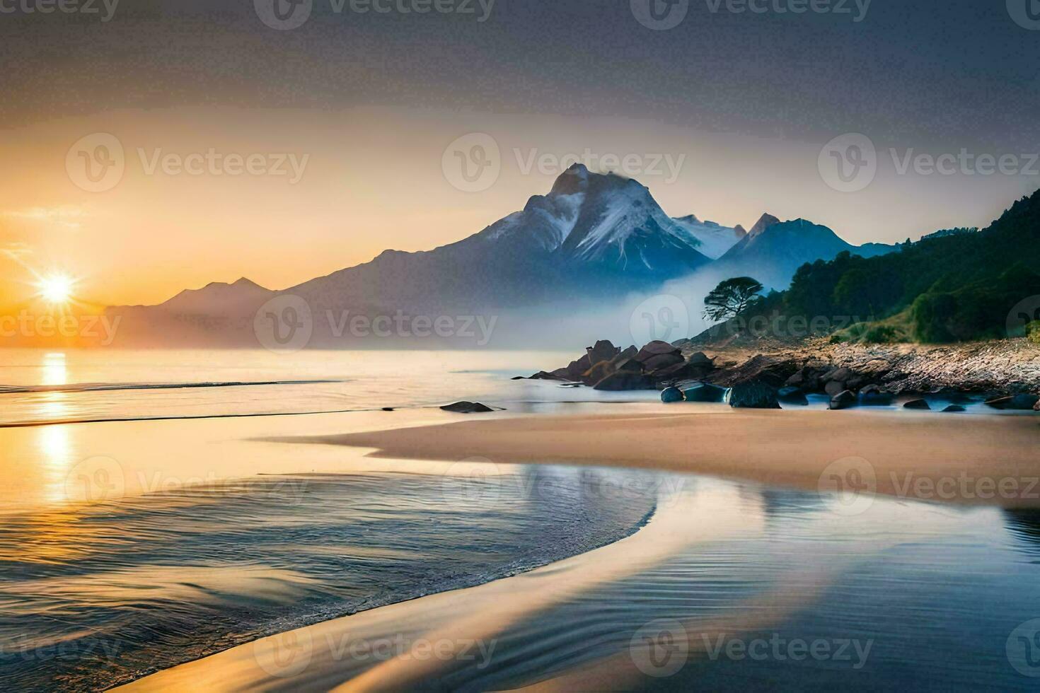the sun rises over the mountains and the beach in this beautiful photo. AI-Generated photo