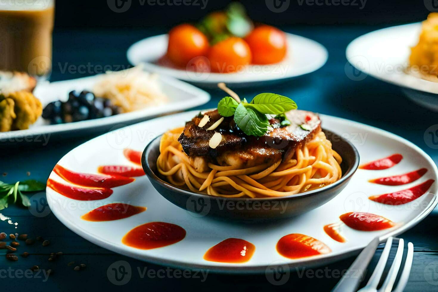 a plate of spaghetti with meat and sauce. AI-Generated photo