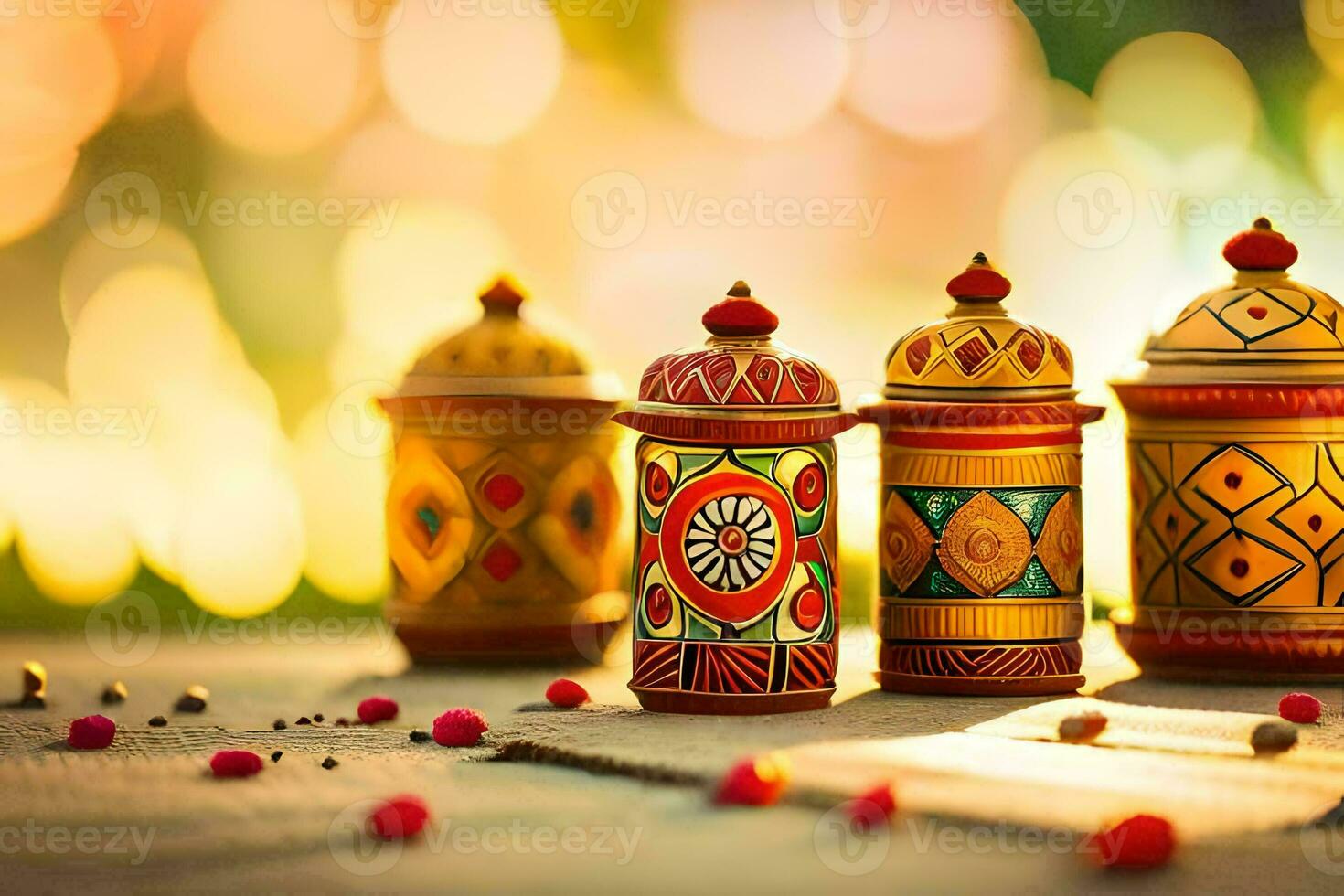 three colorful wooden boxes with red and green decorations. AI-Generated photo