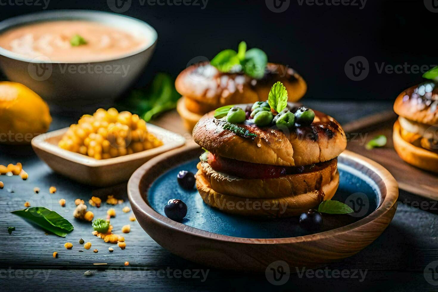 a plate with three burgers and a bowl of sauce. AI-Generated photo