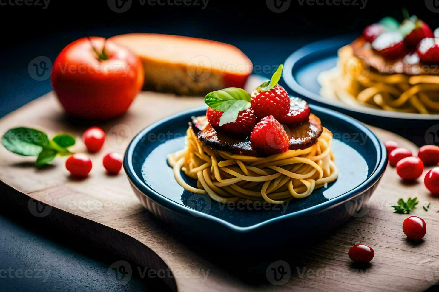 two plates with spaghetti and strawberries on a wooden cutting board. AI-Generated photo