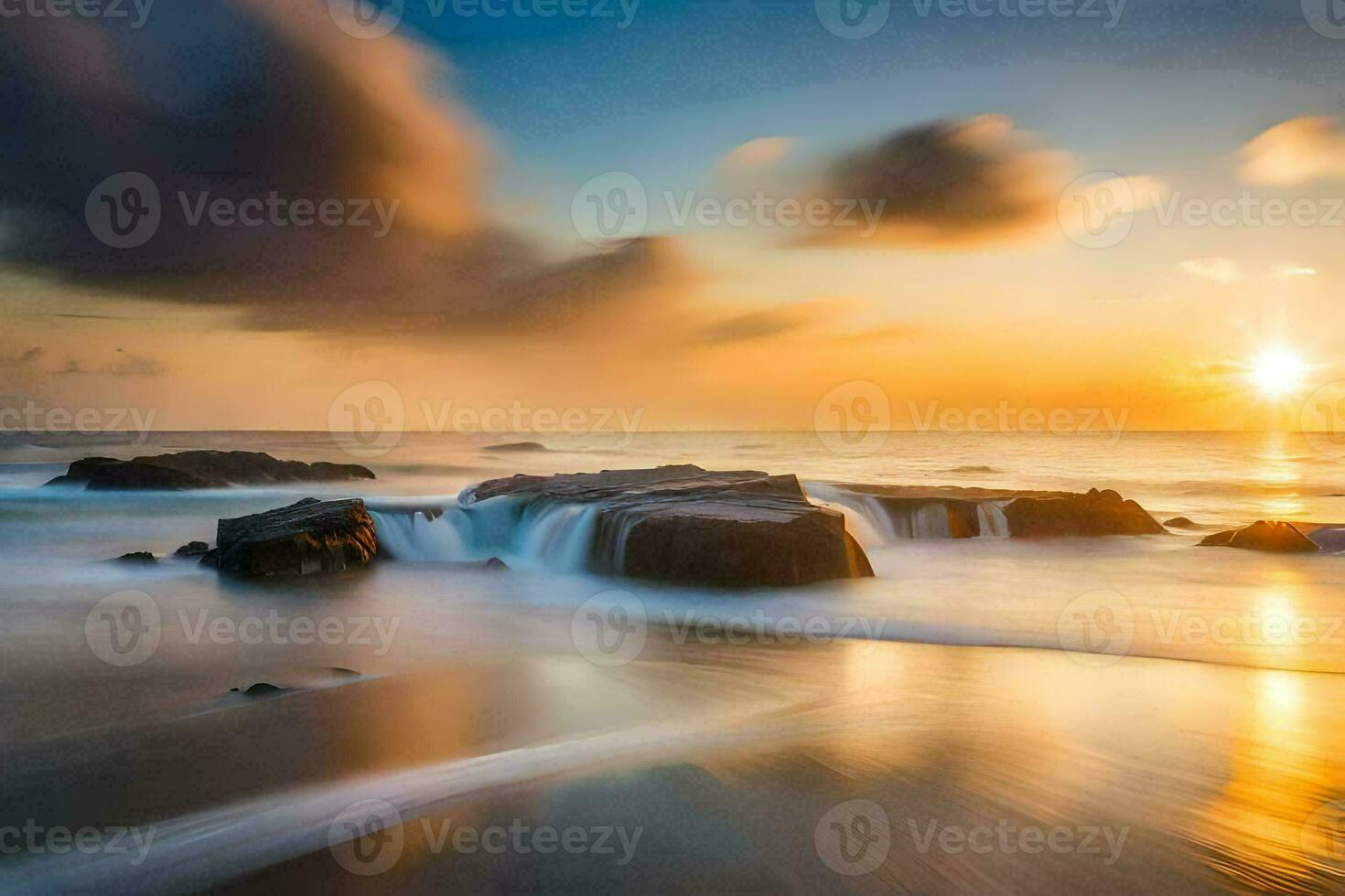 a beautiful sunset over the ocean with waves crashing into rocks. AI-Generated photo