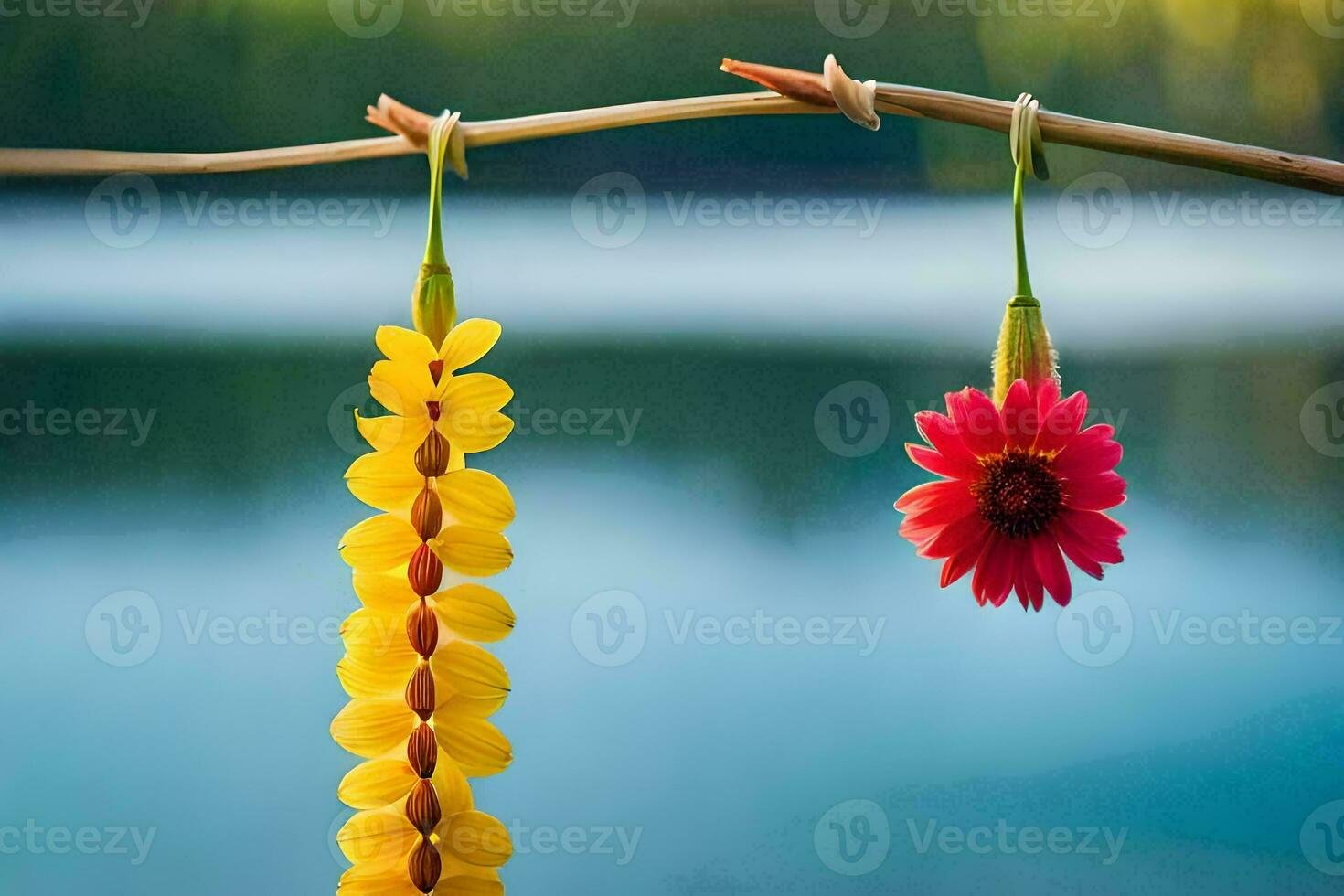 two yellow flowers hanging from a branch near a lake. AI-Generated photo