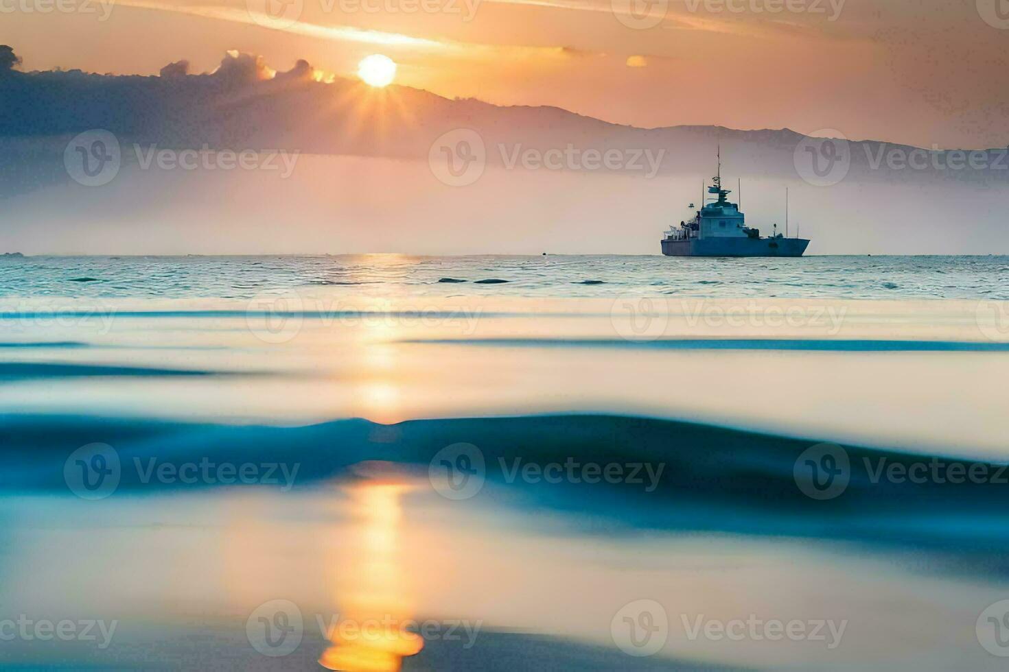 a boat in the ocean at sunset with mountains in the background. AI-Generated photo