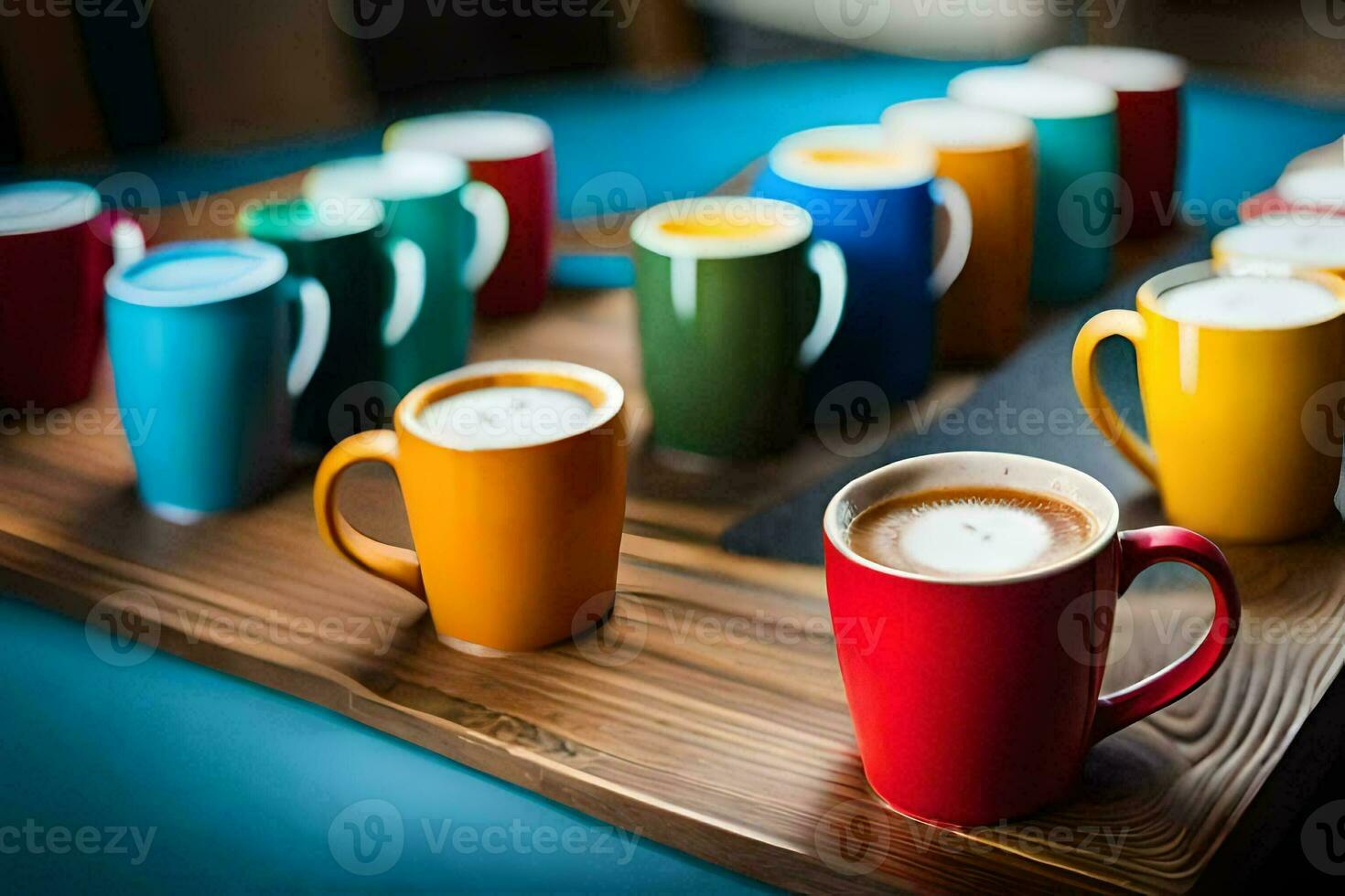 colorful coffee cups on a wooden tray. AI-Generated photo