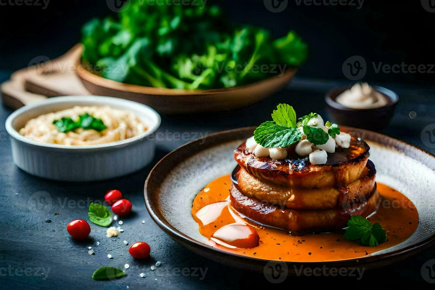 a plate of pancakes with sauce and vegetables. AI-Generated photo