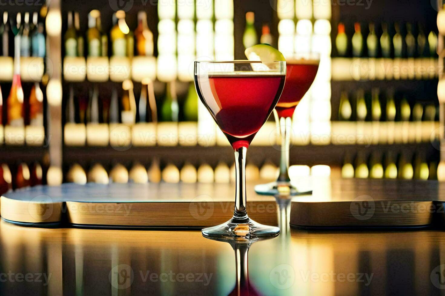 two glasses of red wine sitting on a bar. AI-Generated photo