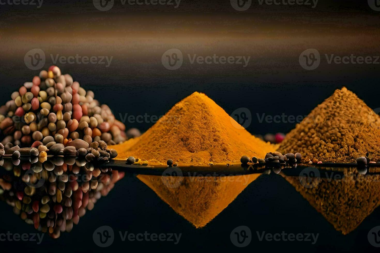 three different types of spices are shown on a black background. AI-Generated photo