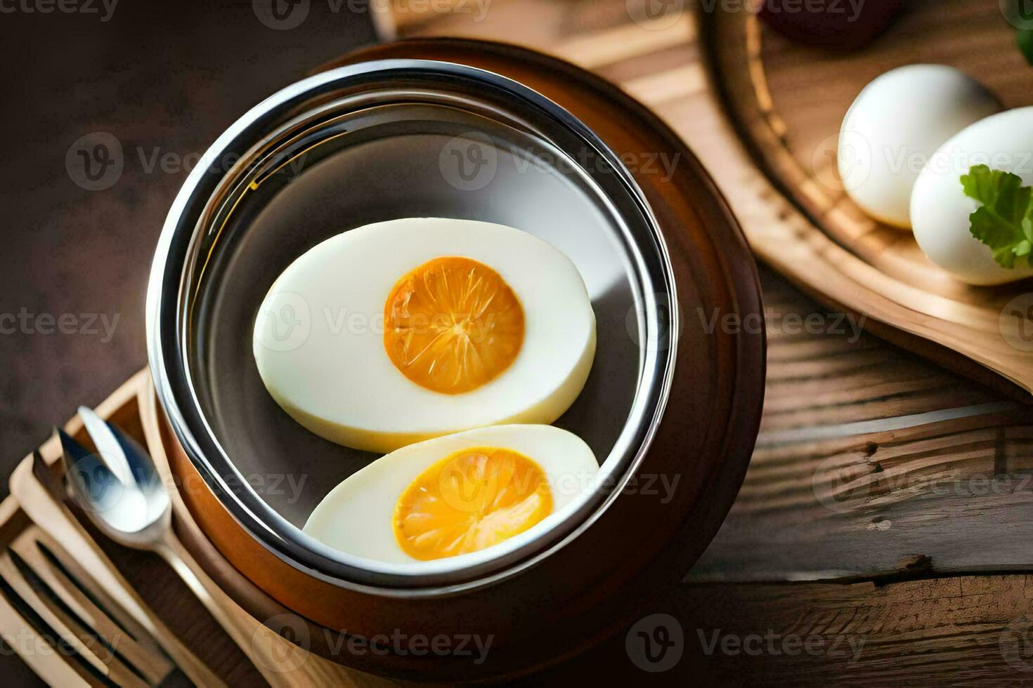 two hard boiled eggs in a bowl on a table. AI-Generated photo