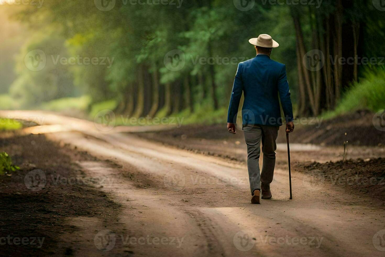a man in a suit and hat walking down a dirt road. AI-Generated photo