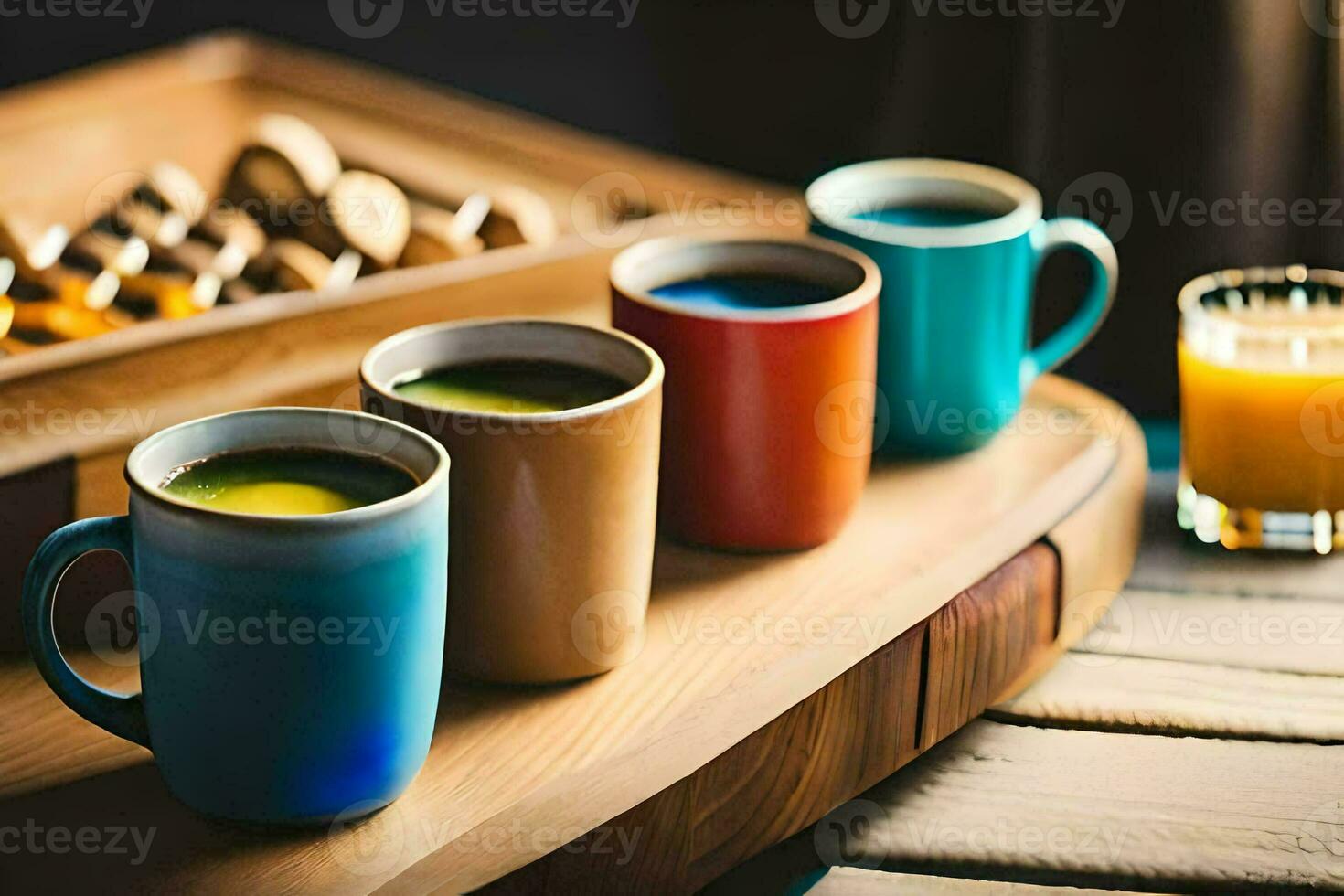 a tray of coffee cups and orange juice. AI-Generated photo
