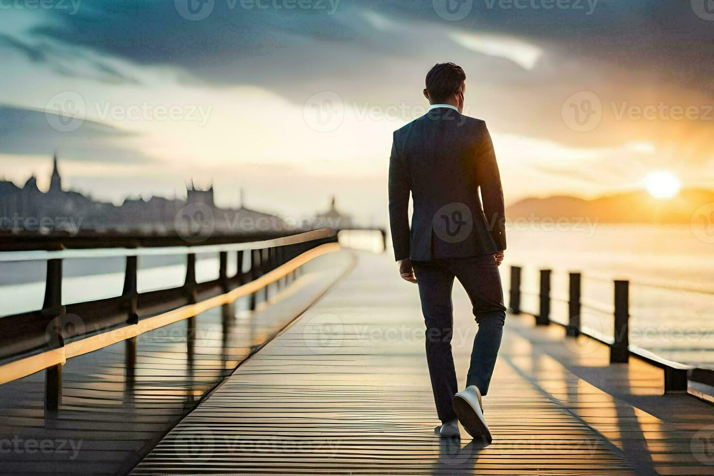 a man in a suit walks along a pier at sunset. AI-Generated photo