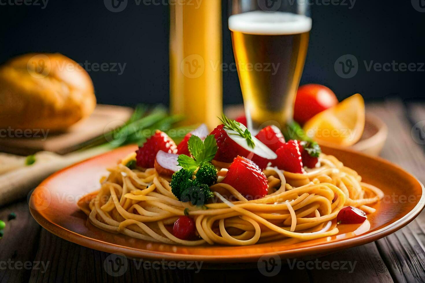 spaghetti with strawberries and broccoli on a plate. AI-Generated photo