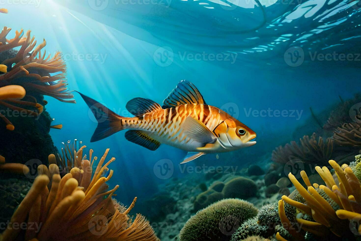 a fish swimming in the ocean with an anemon. AI-Generated photo