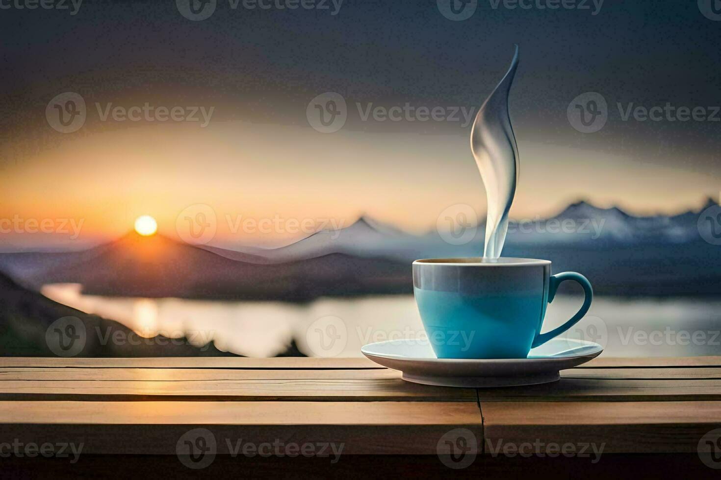coffee cup, the sun, mountains, sunrise, the mountains, the mountains, the mountains. AI-Generated photo
