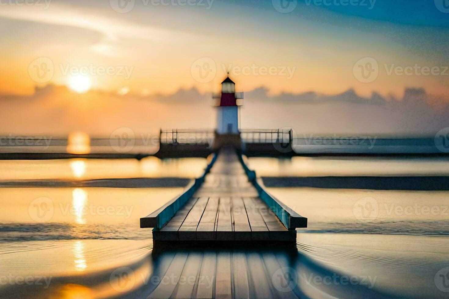 a lighthouse at sunset with a dock and a pier. AI-Generated photo