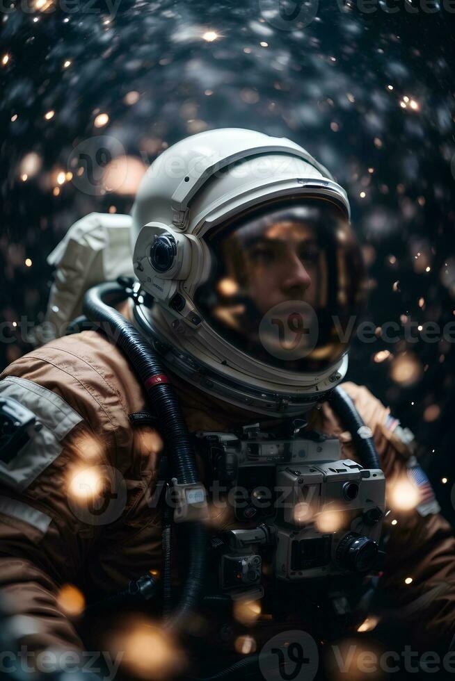 Astronaut spaceman in outer space. Close up. Science fiction theme. AI generative photo