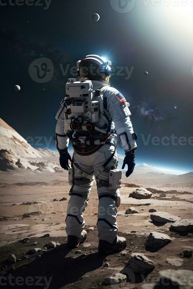 Astronaut spaceman on the space landscape. Space and universe exploration concept. AI generative photo
