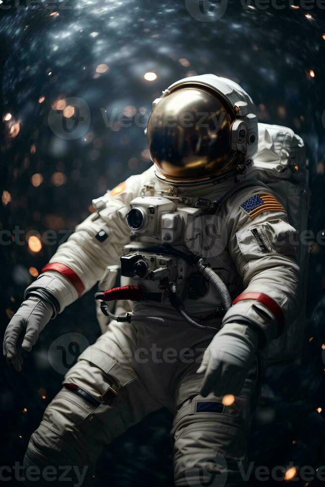 Astronaut spaceman floating in outer space. Science fiction theme. World Astronaut Day. AI generative photo