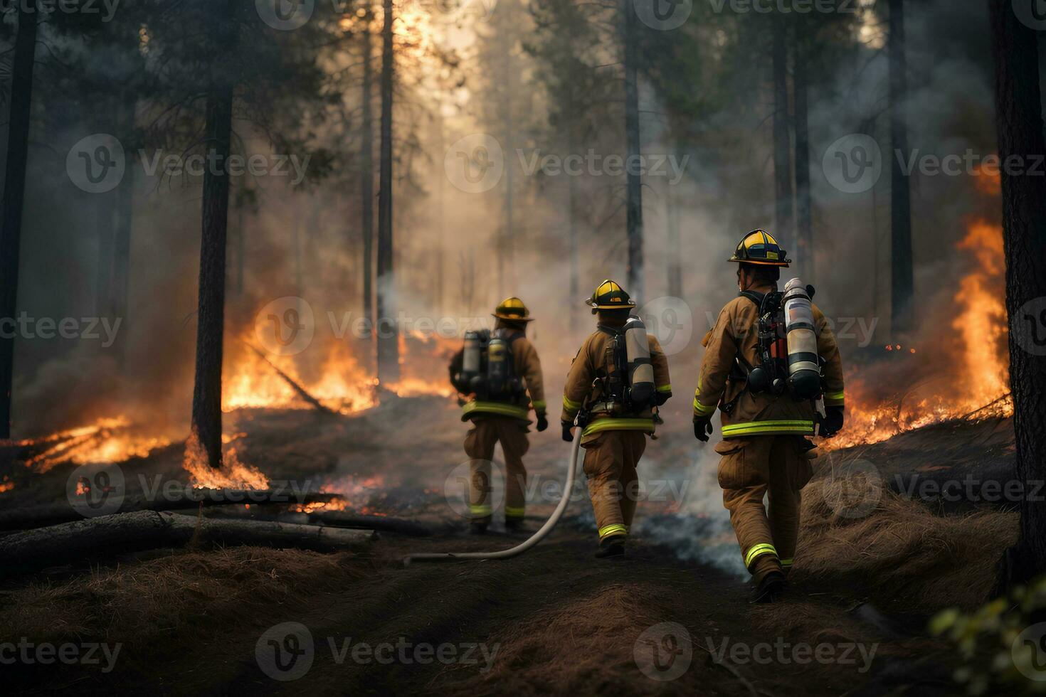 Firefighters extinguish a forest fire. Brave people doing dangerous work. AI generative photo