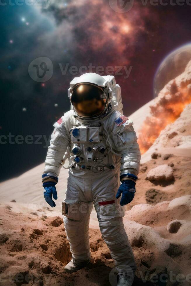 Astronaut spaceman on the space landscape. Space and universe exploration concept. AI generative photo