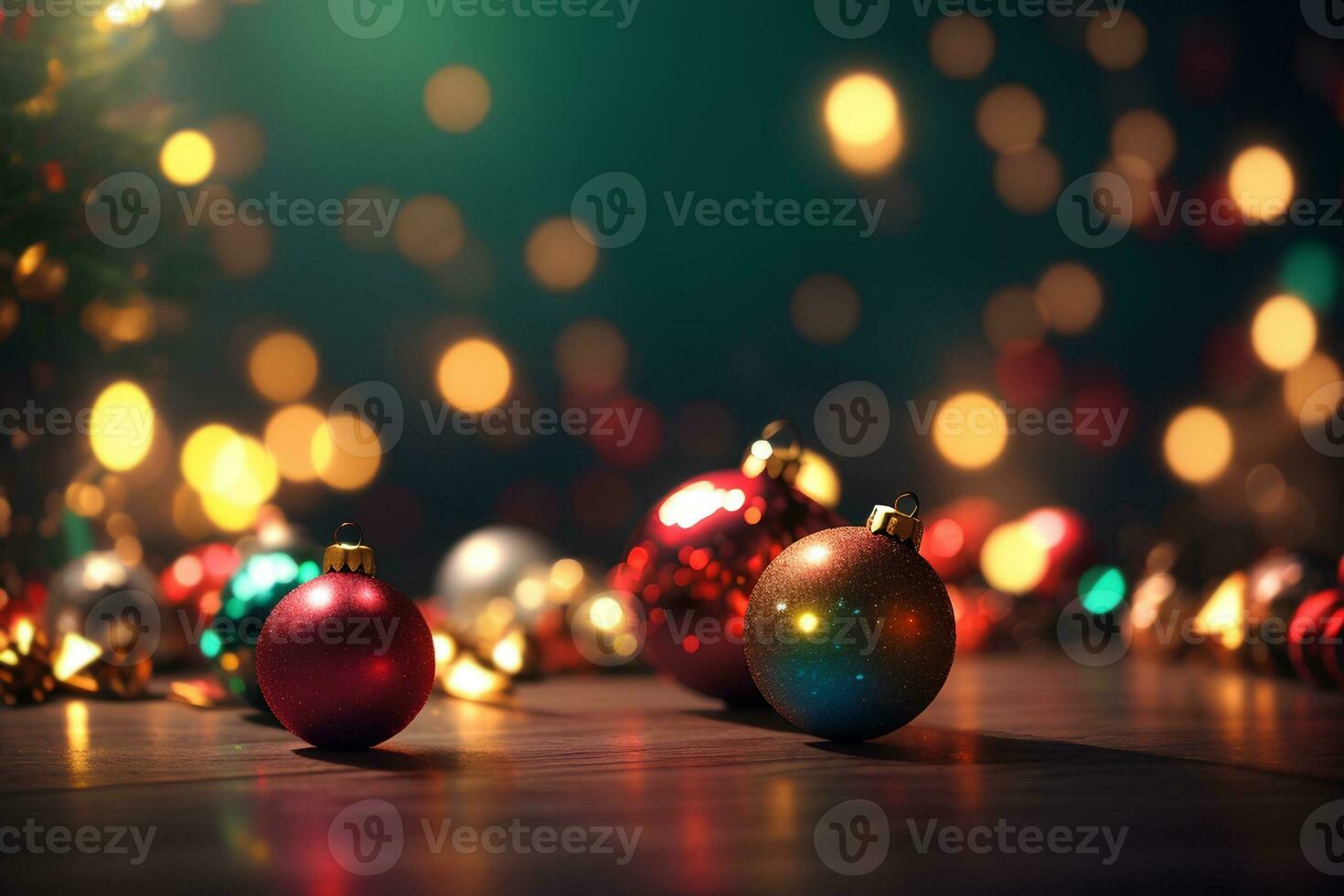 Table with christmas decorations on defocused bokeh background. Christmas and New Year celebration. Place for your text. AI generative photo