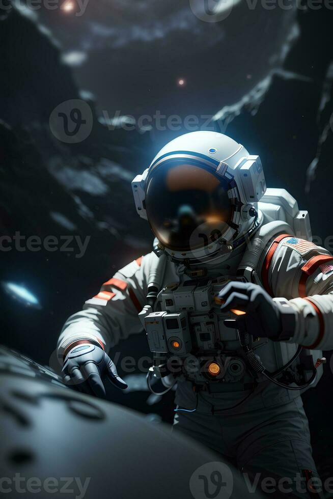 Astronaut spaceman repairs outside sci-fi spaceship in outer space. Science fiction theme. AI generative photo