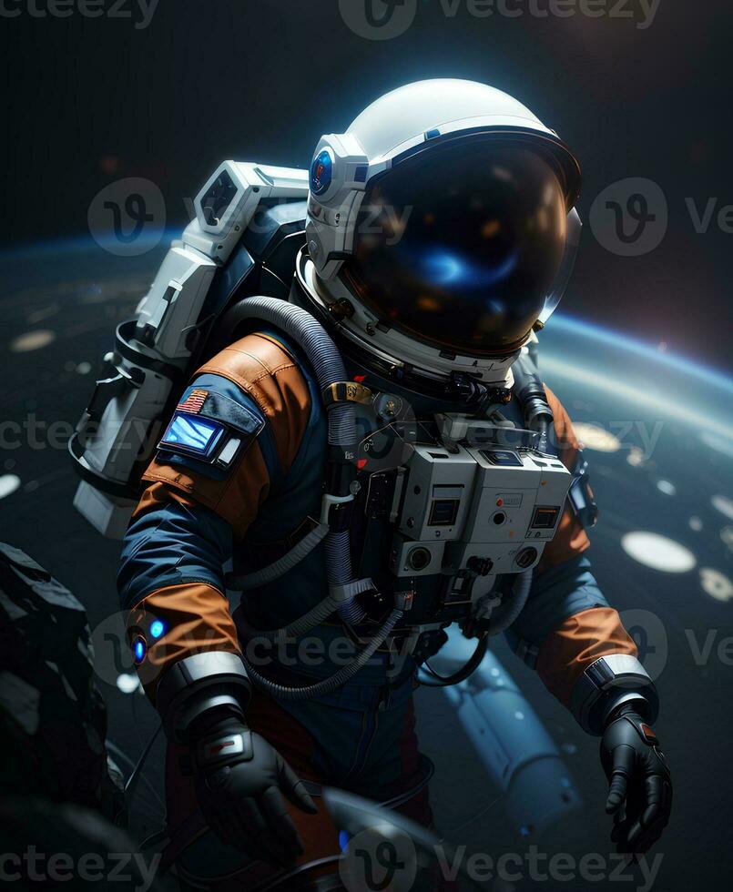 Astronaut spaceman floating in outer space. Science fiction theme. World Astronaut Day. AI generative photo